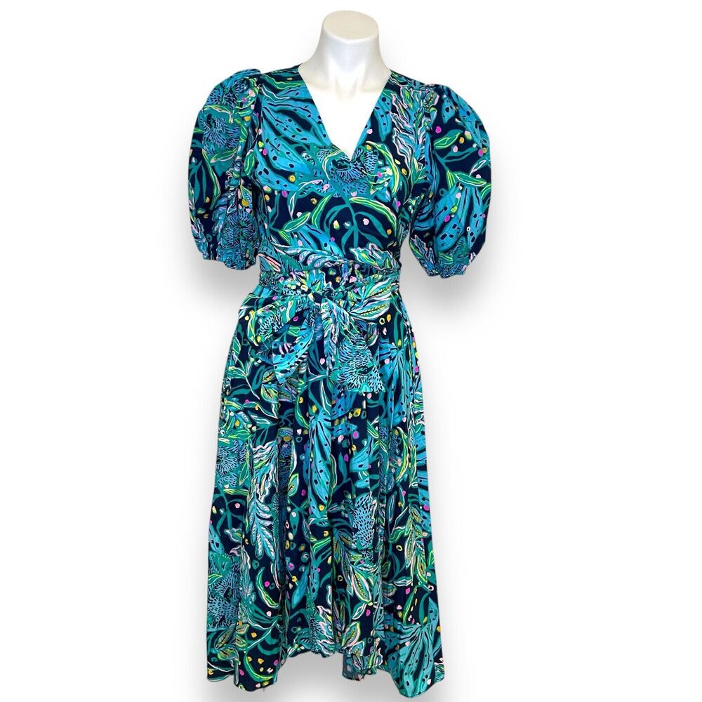 New LILLY PULITZER Juney Puff Sleeve Faux Wrap Dress Low Tide Navy Catty 6 - Picture 2 of 6